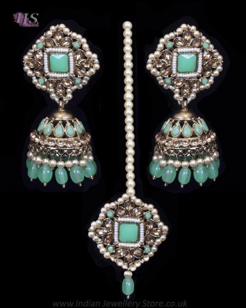 Large Jhumka Earrings & Tikka Indian Jewellery Set - Mint IAGC11827