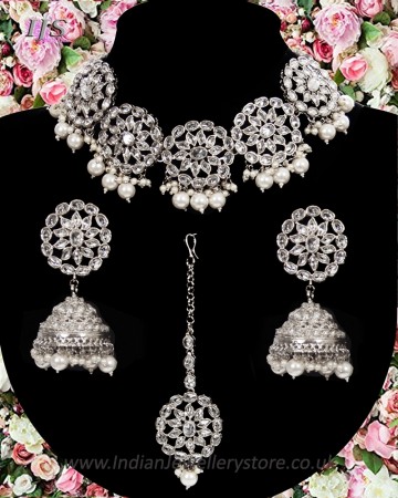 American Diamond, Silver Floral Indian Choker Jewellery NSWL11488