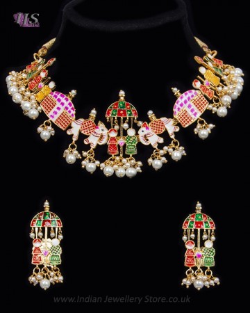 Indian Dholi Bharat Pearl & Meenakari Rajasthani Jewellery Set NEML12052