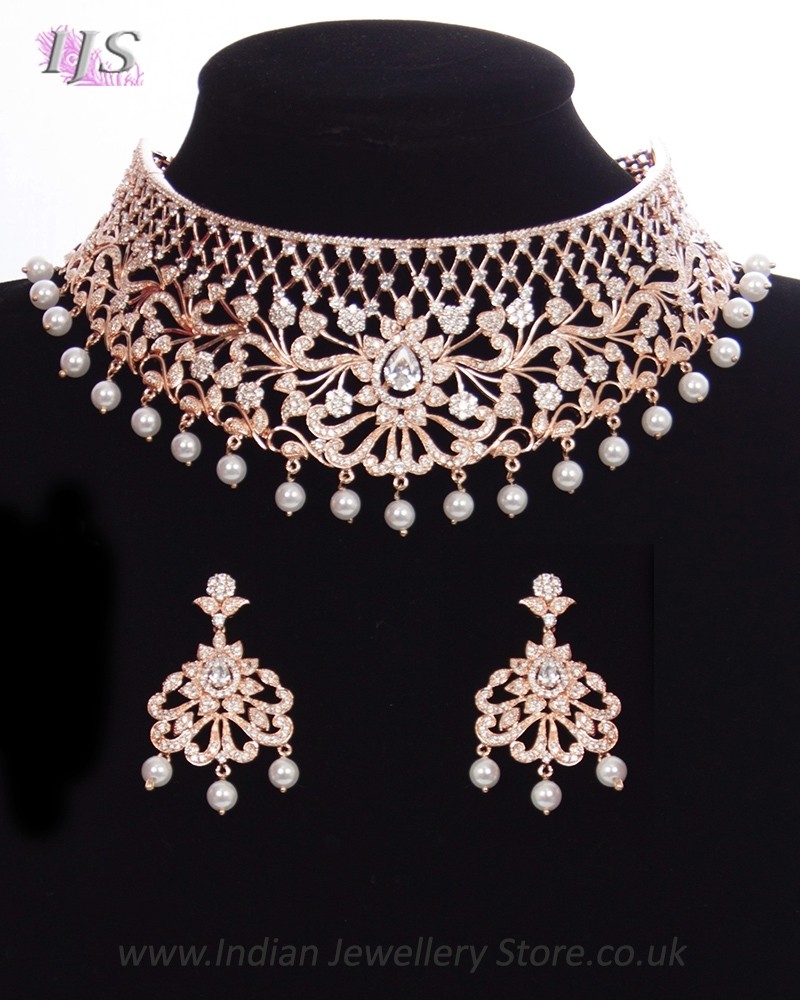 Indian Wedding Bridal AD Bollywood Pink American Diamond Choker CZ Necklace  Set