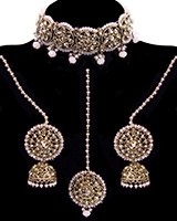 Antique Indian CZ Diamond Jewellery: Choker, Jhumki & Tikka - Blush Pink LAPA12067 Indian Jewellery