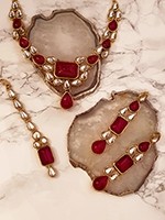 Maroon Red Mughal Gem Inspired Necklace Set NARP0336 Indian Jewellery