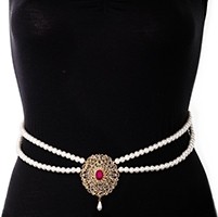 Pearl Drape & American Diamond, Gold Saree Belt - fuchsia pink LEPL11379 Indian Jewellery