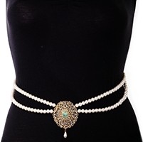 Pearl Drape & American Diamond, Gold Saree Belt - mint green LEGL11381 Indian Jewellery